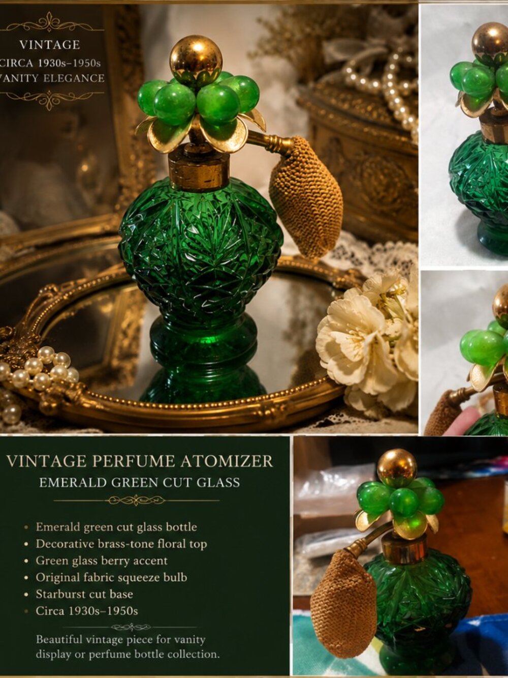 Vintage c. 1930s–1950s Emerald Green Cut Glass Perfume Atomizer